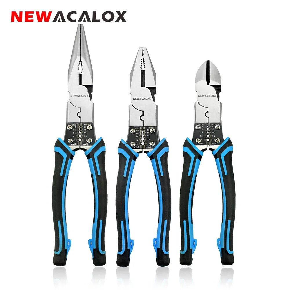 

NEWACALOX 8'' Multitool Pliers Set Combination Pliers Wire Stripper/Crimper/Cutter Heavy Duty Pliers Diagonal Pliers Hand Tools