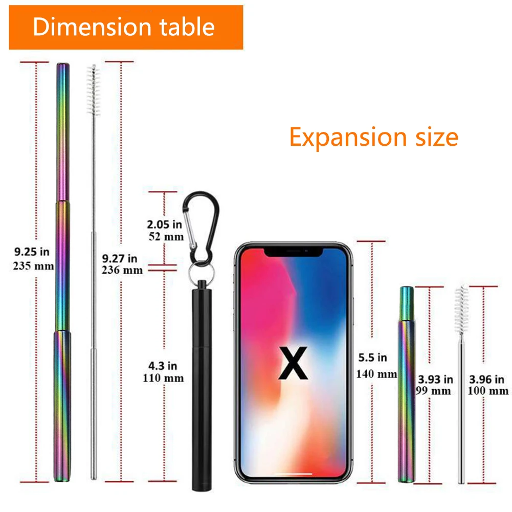 

Reusable Stainless Steel Straws with Aluminum Keychain Case Cleaning Brush Collapsible Telescopic Portable Drinking Straws