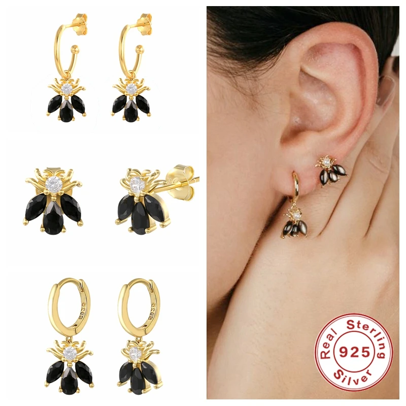 

Aide 925 Sterling Silver Black Zircon Bee Stud Earrings For Women Luxury Small Circle Piercing Earrings Rock Punk Jewelry Bijoux