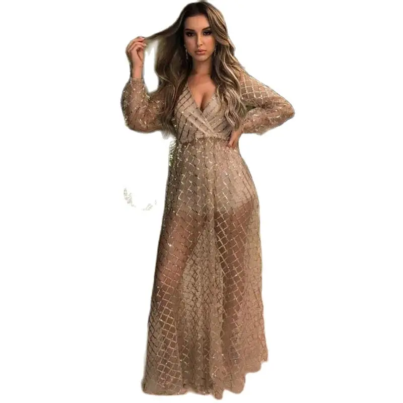 Женское винтажное платье с блестками золотистое Длинное Элегантное для пляжа