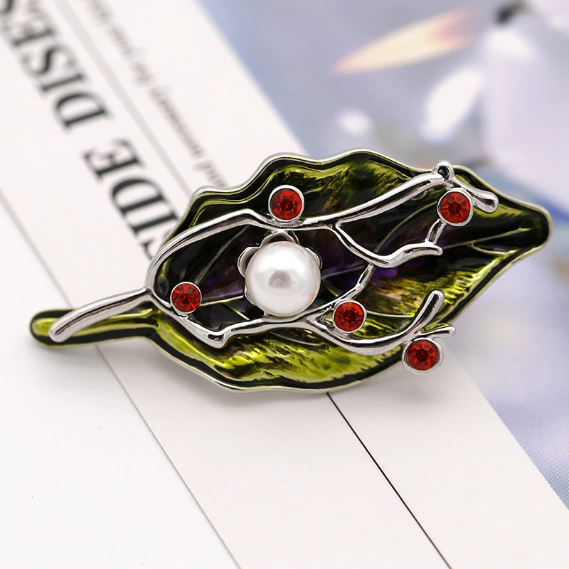 ALLYES Enamel Leaf Brooches with Pearl Czech Crystal Cute Rhinestone Plant Brooch Retro Party Female Jewelry | Украшения и