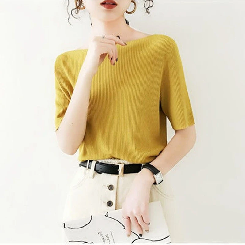 

One-shoulder top women's spring knit sweater half-sleeved design ice silk short-sleeved women's spring autumn harajuku