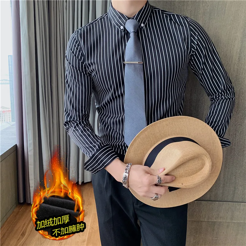 

Plus Size 4XL-M Autumn Winter Thick Warm Long Sleeve Men Striped Shirts Simple Slim Fit Casual Camisas De Hombre Business Formal