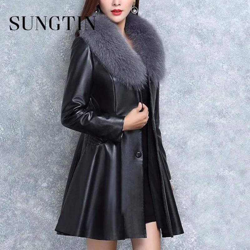 Sungtin 7XL Y2K красно-Черная куртка из искусственной кожи для женщин Зимний