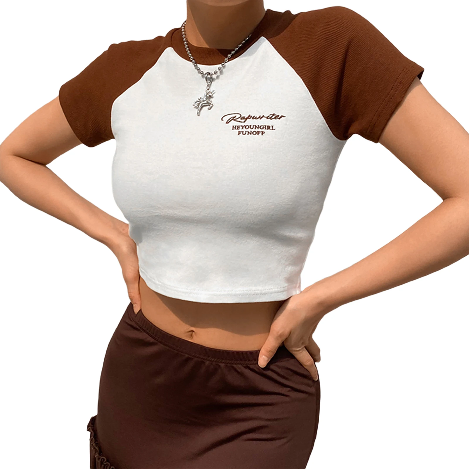 

Women's Crewneck Crop Tops, Summer Short Sleeve Letter Embroidery Slim Fit Raglan T-Shirt