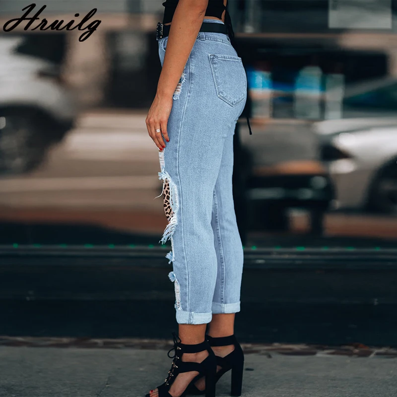 

Woman Pants Leopard Button Casual High Waist Hole Pants Placket with Zipper Plus Size Home Denim Novelty Streetwear Women