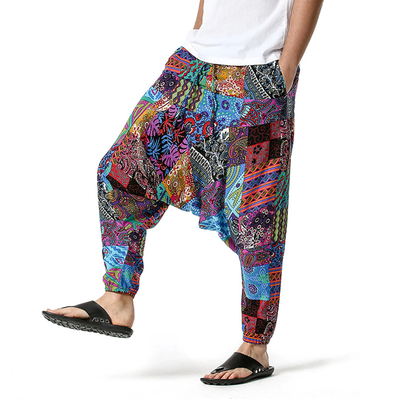 

New Large Size Beam-Foot Cotton Pants Men Women Fashion Casual Loose Printed Harem Pants Hippy Baggy Boho Bloomers Trousers