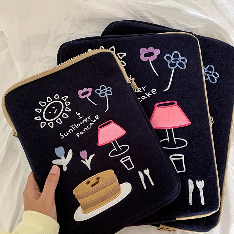 

Female Tablet Case Fashion Cute Cartoon Embroidery Pattern Notebook Liner Bag ipad 11 13 15 Inch Girls Laptop Sleeve Bag