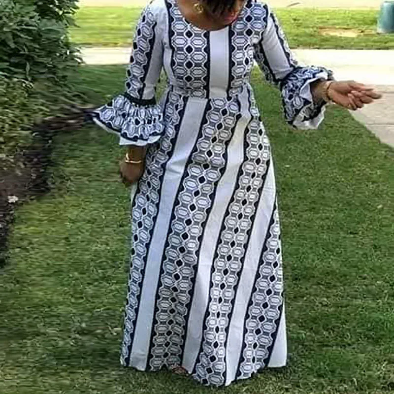 

Summer Long Maxi Dress African Dresses For Women Dashiki Geometric Print Flare Sleeve Pleated Dress Plus Size Africa Clothing
