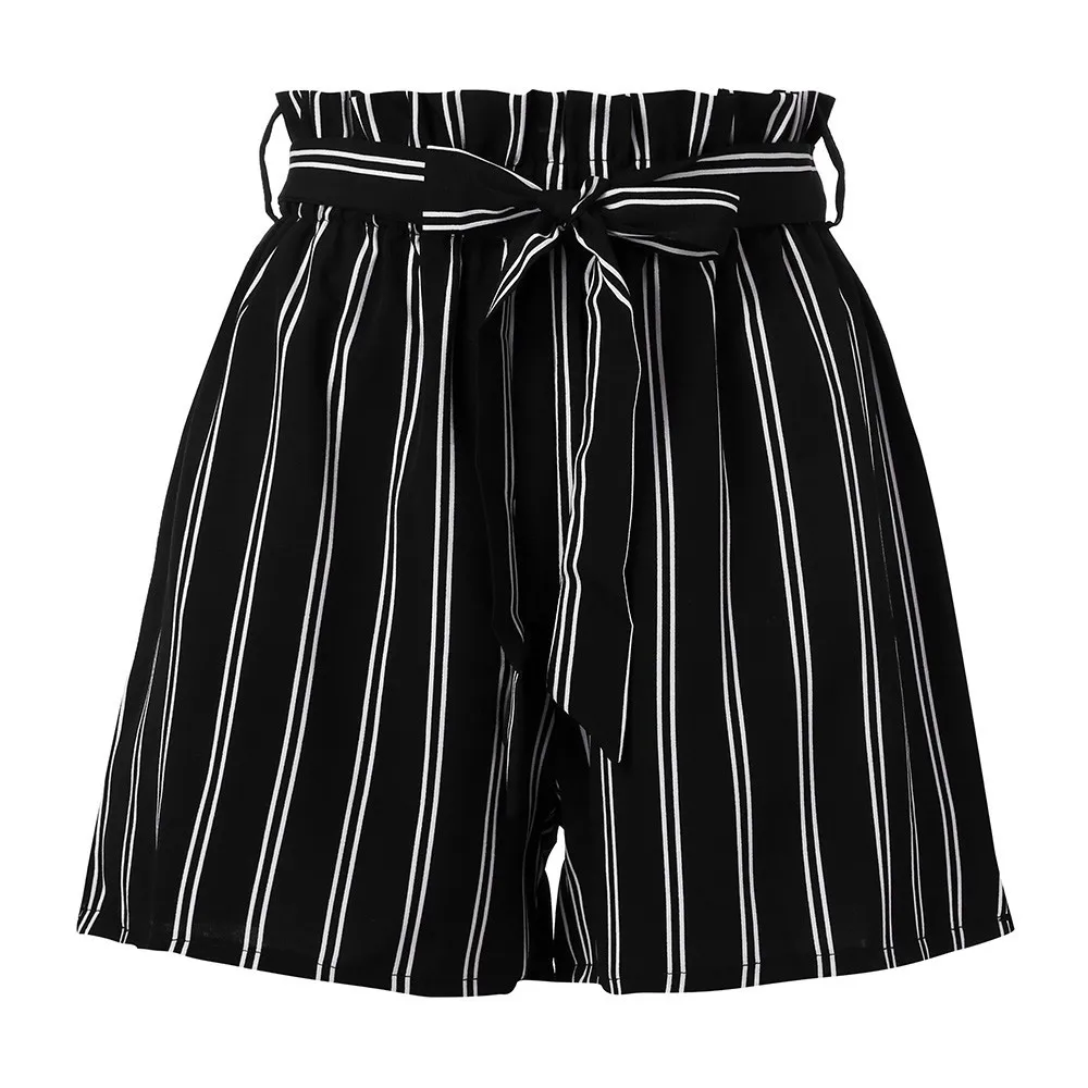

Belt Knot High waisted Striped Print Summer Short High Quality Pockets Streetwear Ruffles shorts Women's Drop Shipping