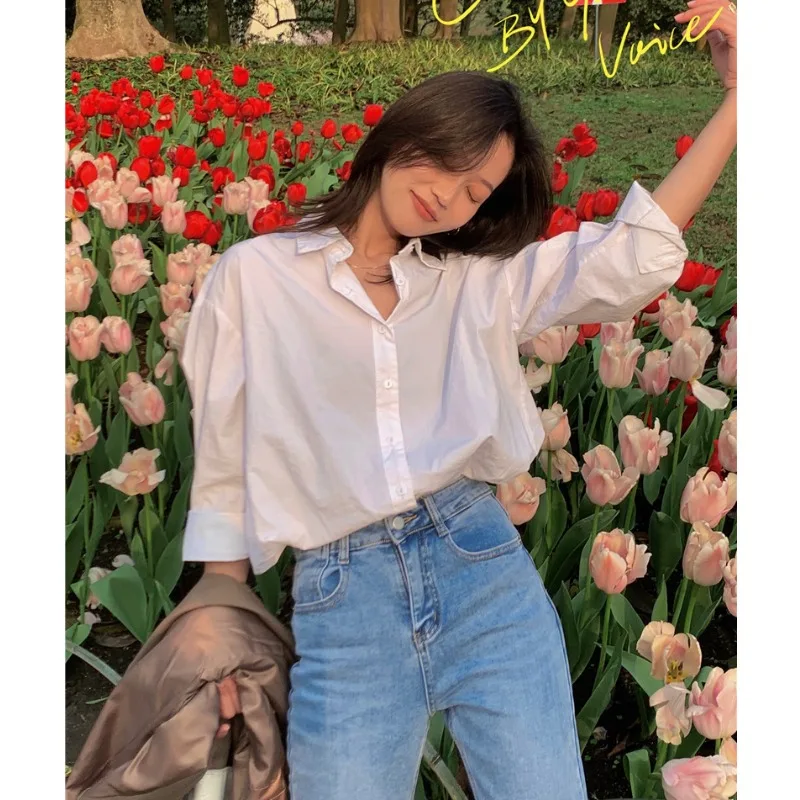 

Long Sleeve Shirt Women's Spring Korean Style Loose-Fitting Versatile Thin Western Style Youthful-Looking Fried Street Design