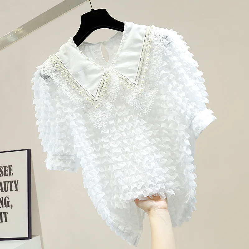 Летняя кружевная рубашка для женщин ручной работы украшенная бисером и