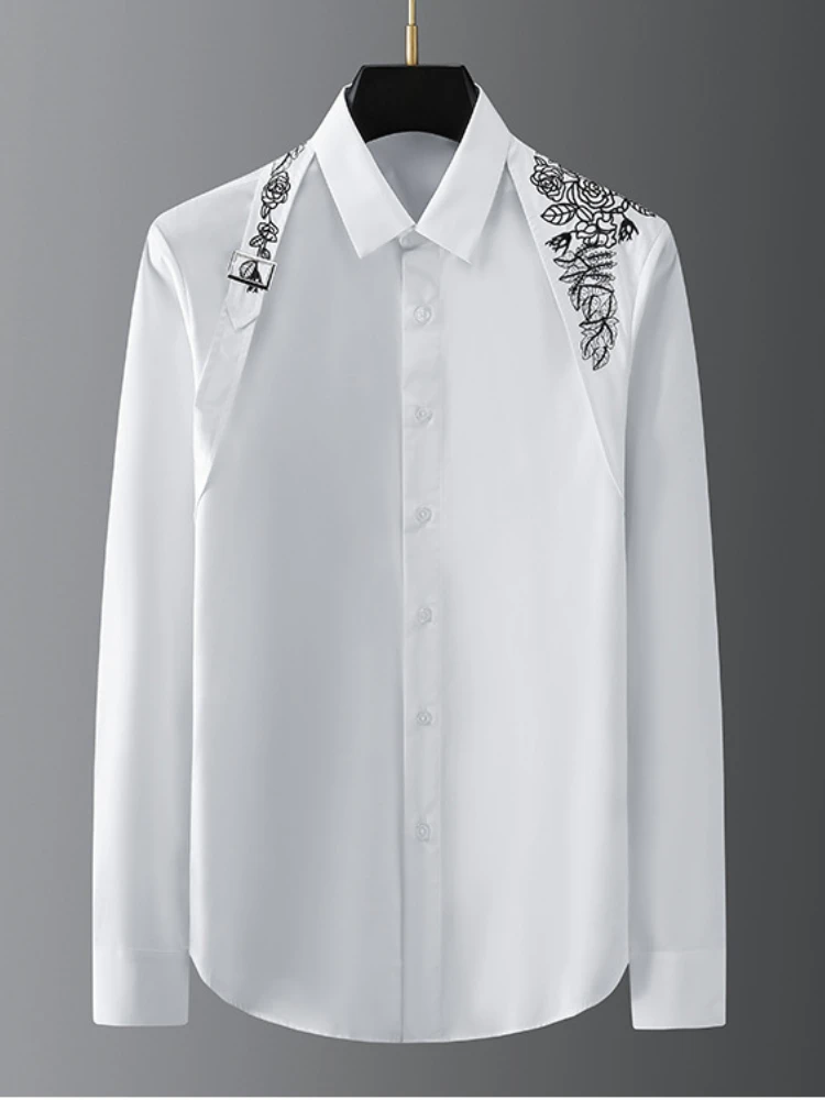

2021 new white shirt Men's long-sleeved shirt with metal buckle ribbon over the shoulder embroidery longsleeve shirt for men