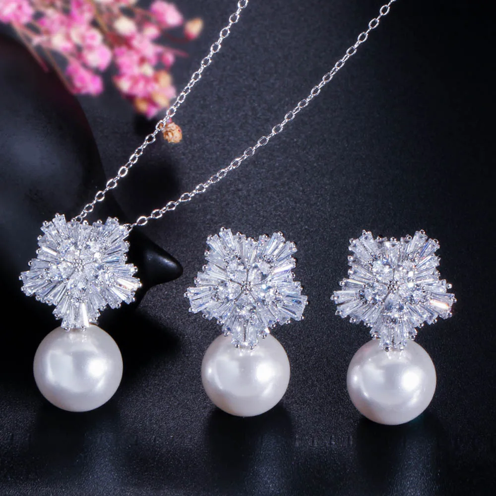 ThreeGraces, роскошный дизайн, белое золото, цвет, циркон, камень, жемчуг, подвеска, ожерелье и серьги, ювелирные наборы для женщин, JS082