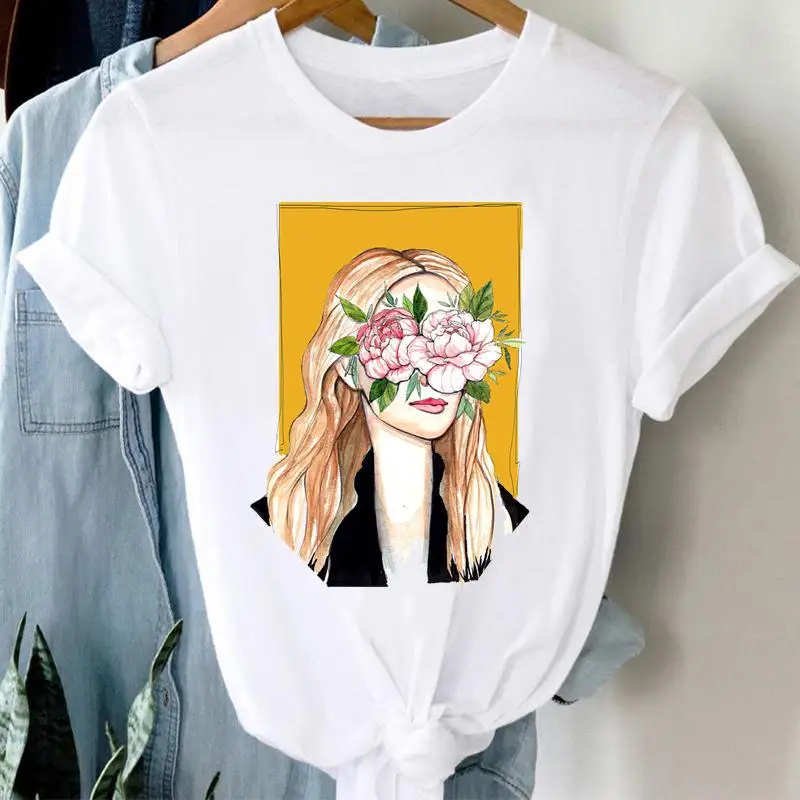 

Clothes Short Sleeve T-shirts Print Flower Printing Cute Women Cartoon O-neck Fashion Graphic Tshirt Top Regular Lady Female Tee
