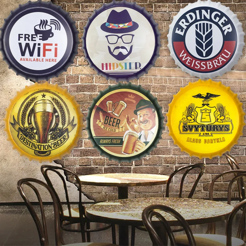 

Ashou Decor Beer Bottle Cap Tin Metal Sign Plaque Cafe Bar Club Decoration Vintage Wall Decor Round Plates Farmhouse Cave Man