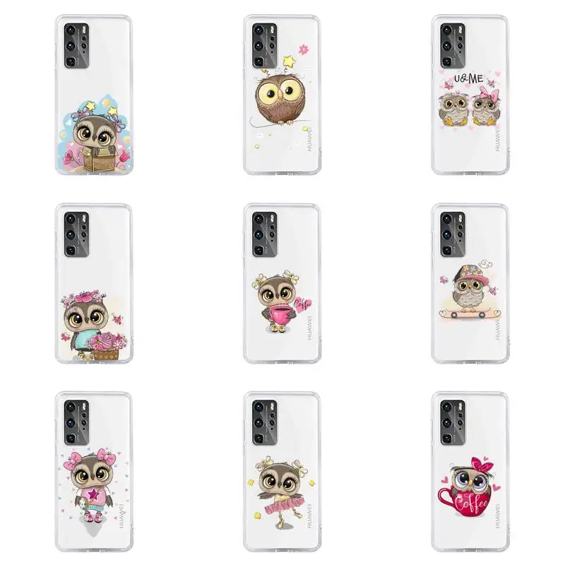 

Cute Owl Black Phone Case Transparent For Huawei honor V 40 30 20 X note 10 pro lite max s Soft TPU Clear Mobile bags