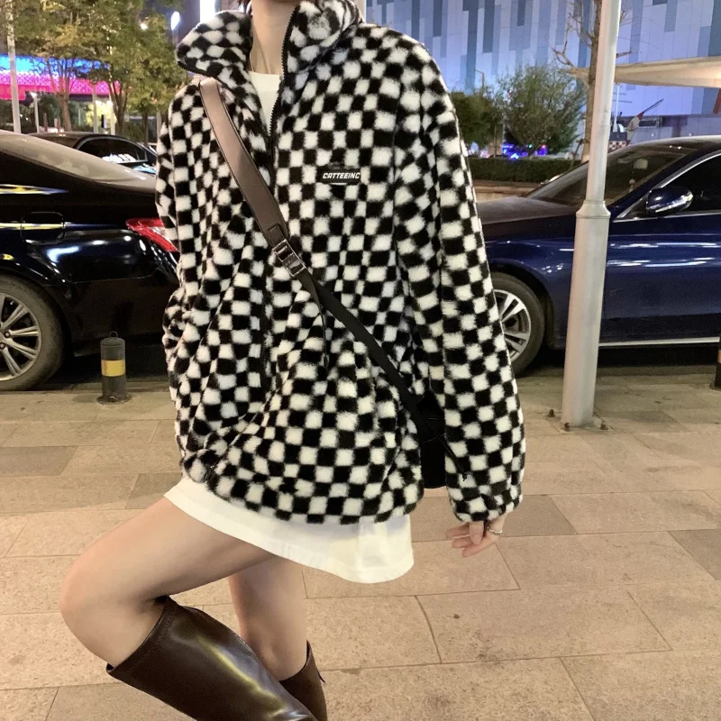 

Checkerboard Plush Jacket Female Autumn Women's Coat Trend 2021 Winter New Top Faux Fur Coat Outerwear Oversize Casual Jacket