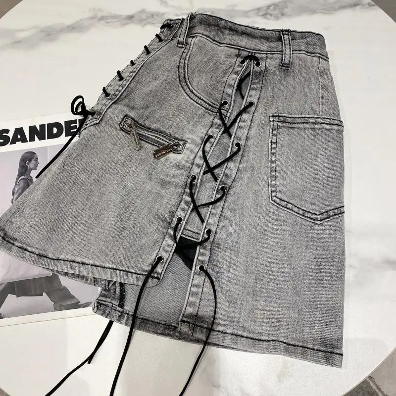 

2021 Summer New Punk Side Strap Criss-Cross Washed Denim Skirt Female Fashion Gray Slim Fit Skinny Hip Skirt for Ladies