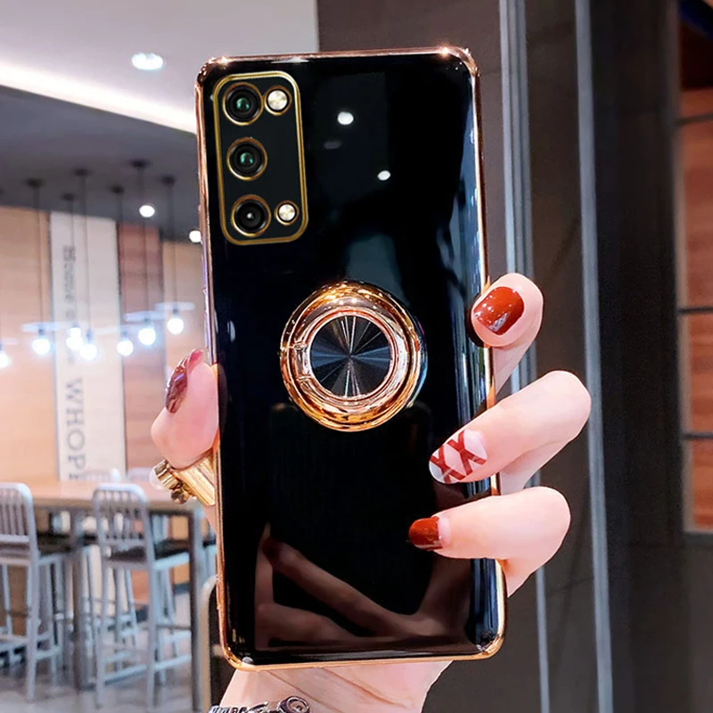 

Plating Silicone Case For Samsung Galaxy S20 FE S10 Plus Note 20 10 S21 Ultra Note10 9 A52 A72 Magnetic Covers Ring Holder Stand