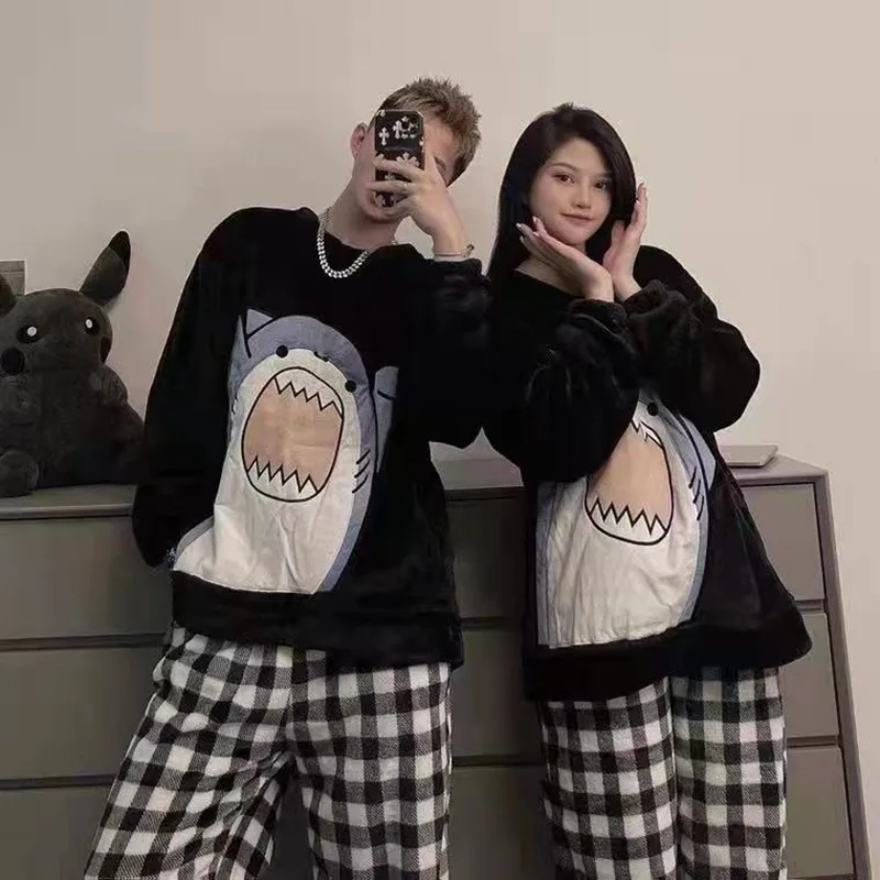 Shark Pijamas Couple Matching Pajamas Set Plaid Pants Winter Thick Flannel Sleepwear Men's Women Pyjama Homesuits Black Shirts