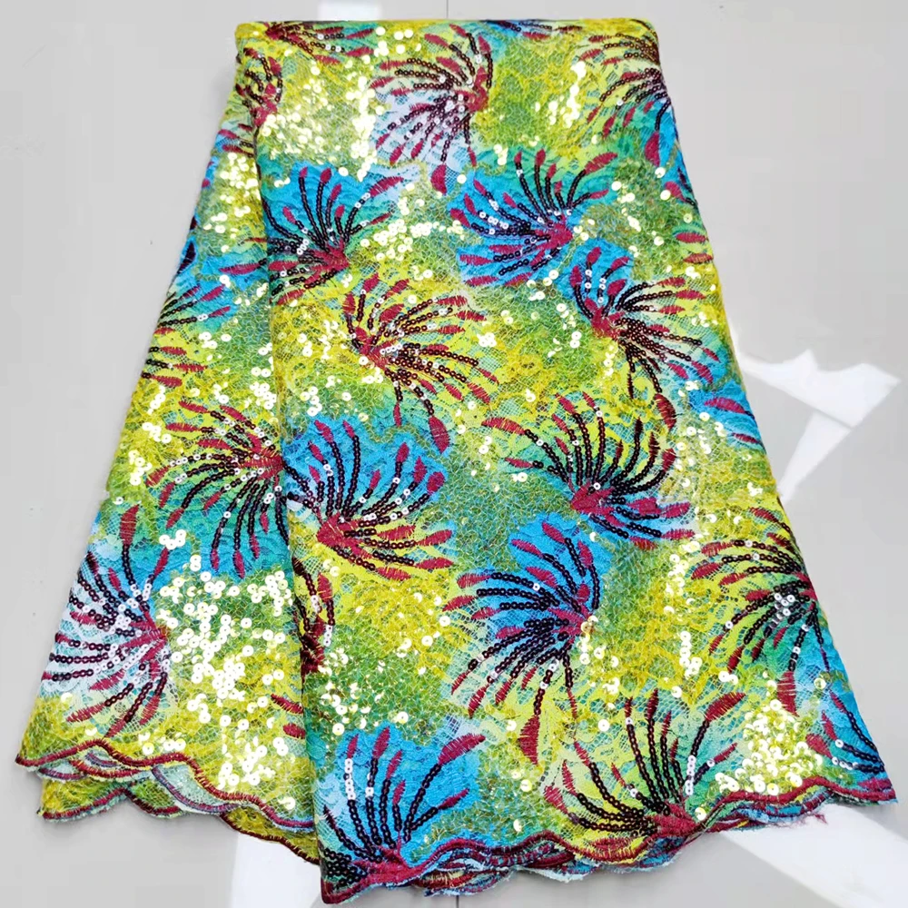 

Latest African Net Lace Fabric With Multicolor Sequins Fashion French Lace Fabric Embroidery Nigerian Tulle Lace For Party Dress