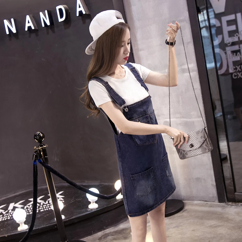 

Plus Size Adjustable Straps Denim Suspender Pinafore Bib Short Overall Skirts for Women M L XL 2XL 3XL 4XL