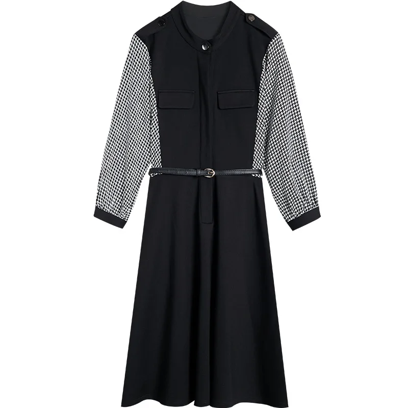 

Stand collar shirt dress women's spring and autumn 2021 new temperament stitching Hepburn style small black skirt #lq3205m