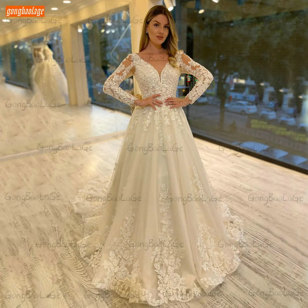 

Chic Ivory Appliqued Wedding Gown Long Sleeves V Neck Vestido De Noiva Custom Made robe de mariage Lace Up A Line Bridal Dresses