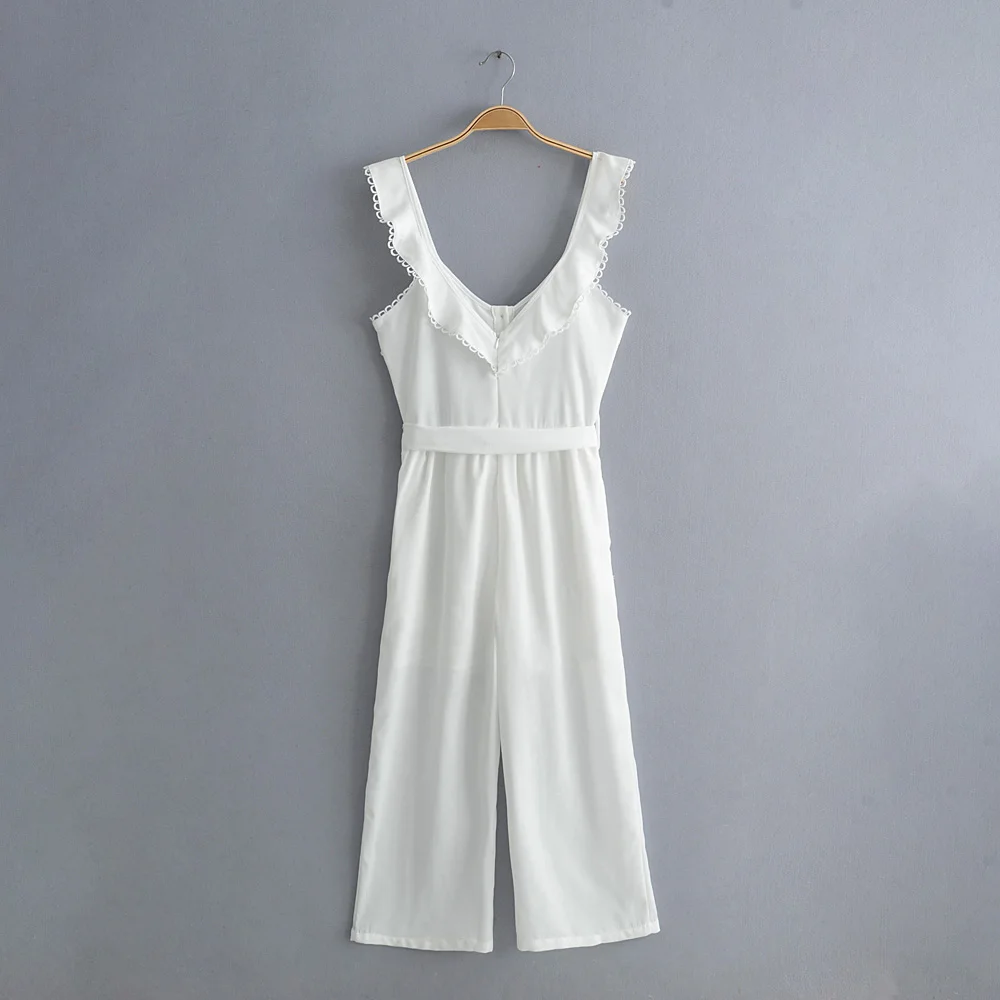 

CHAINSHONERuffles Office Vintage Jumpsuit Women Linen Shirred Frill Sleeves Pockets Elegant Jumpsuit Belt Summer Holiday Beach