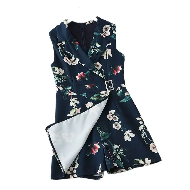 HELIAR 2021 Rompers Women Playsuits Lady Floral Printed Jumpsuits With Sashes Lapel Sleeveless Party Cloth Female Playsuit |
