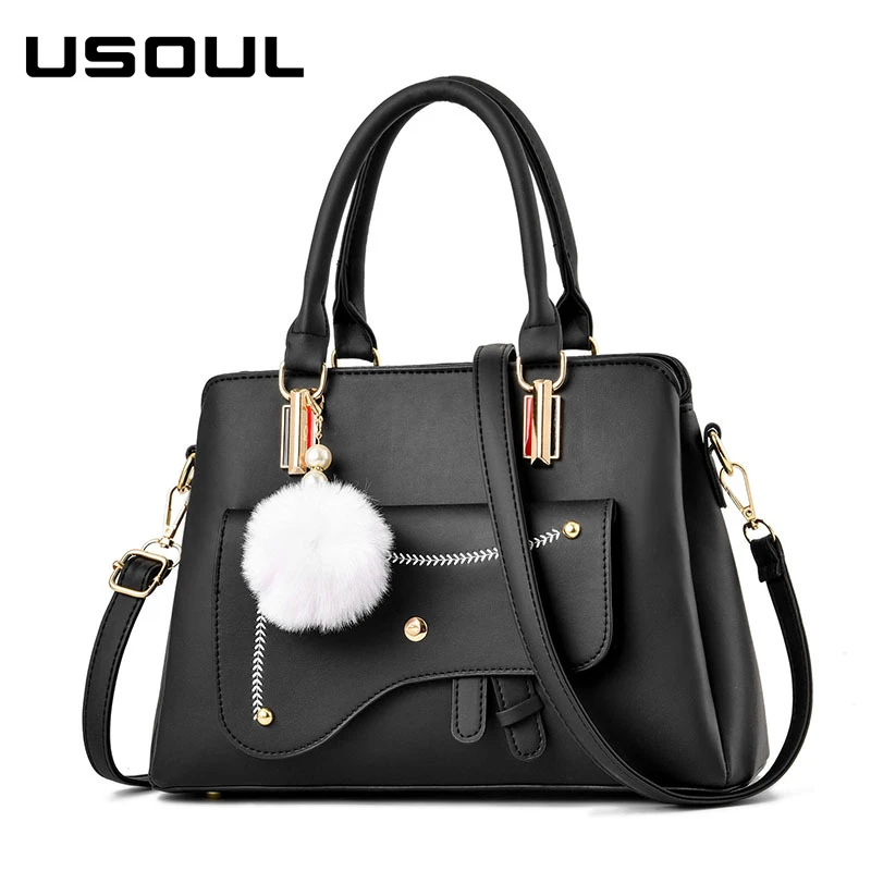 

USOUL pu leather luxury handbags women bags designer elegant hairball solid big capacity tote bag female shoulder crossbody bags