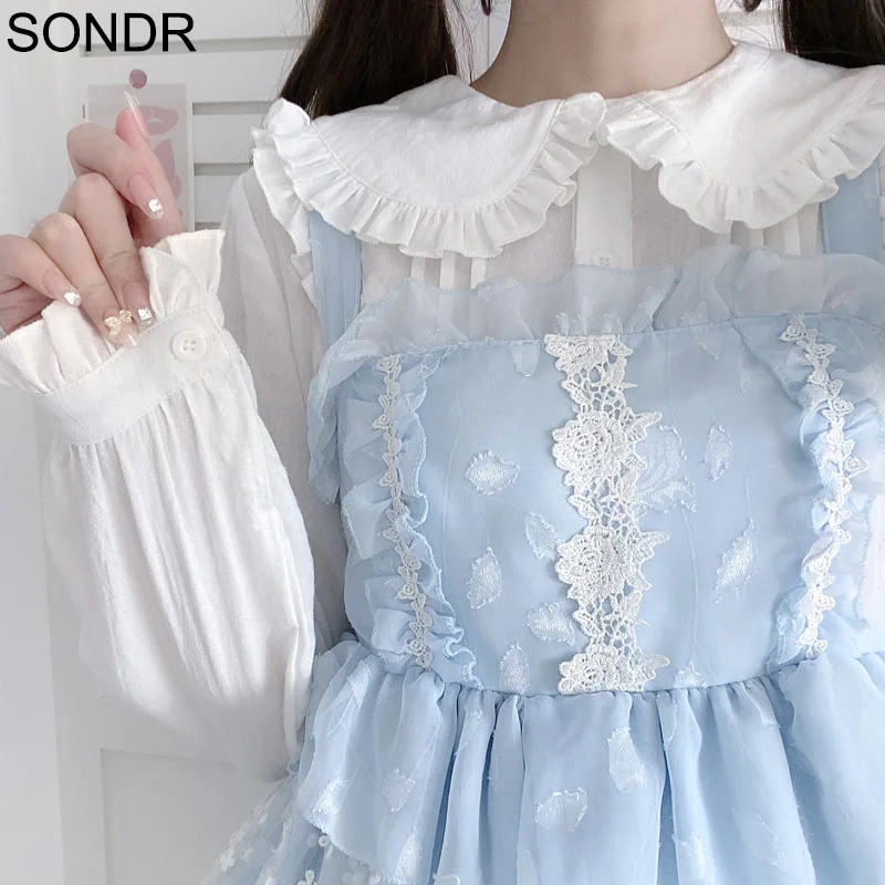 

Kawaii Soft Girl Lolita Long Sleeve Blouse Shirt Women Autumn Ruffle White Lolita Bottoming Shirts Female Cute Rabbit Ears Tops