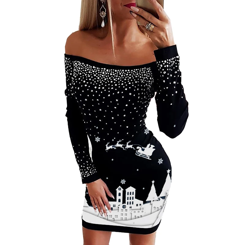 

Christmas Printed Diamonds Women Winter Sexy Slash Neck Off Shoulder Long Sleeve Mini Party Robe Ladies Sheath Dress SJ7334M