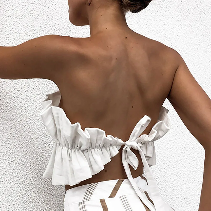 

Pop Women Crop Tube Tops Ruffled Backless Solid Color Strapless Tops For Summer Pop 88