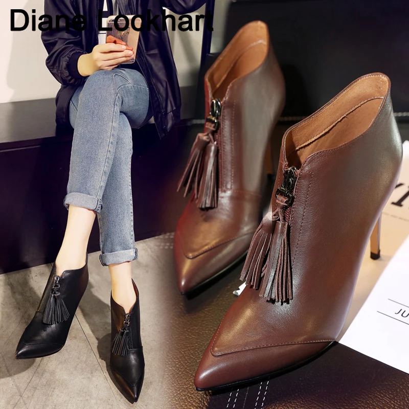 

Женская обувь из воловьей кожи с острым носком, на высоком каблуке, с бахромой, на молнии, весна 2019