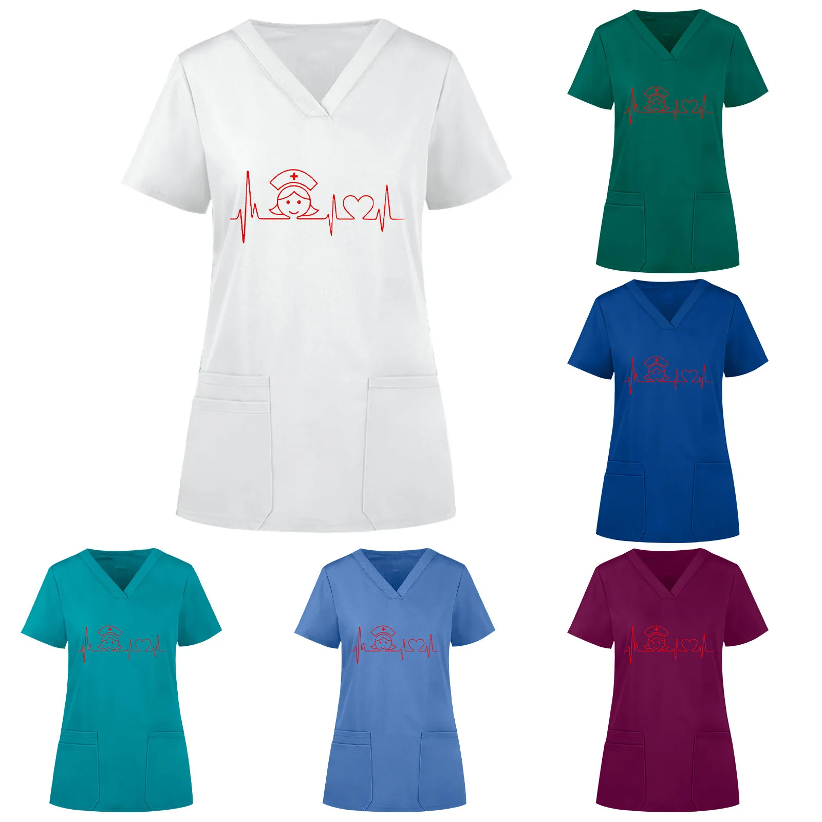 

Women Short Sleeve V-neck Tops Working Uniform Solid Color Pocket Blouse