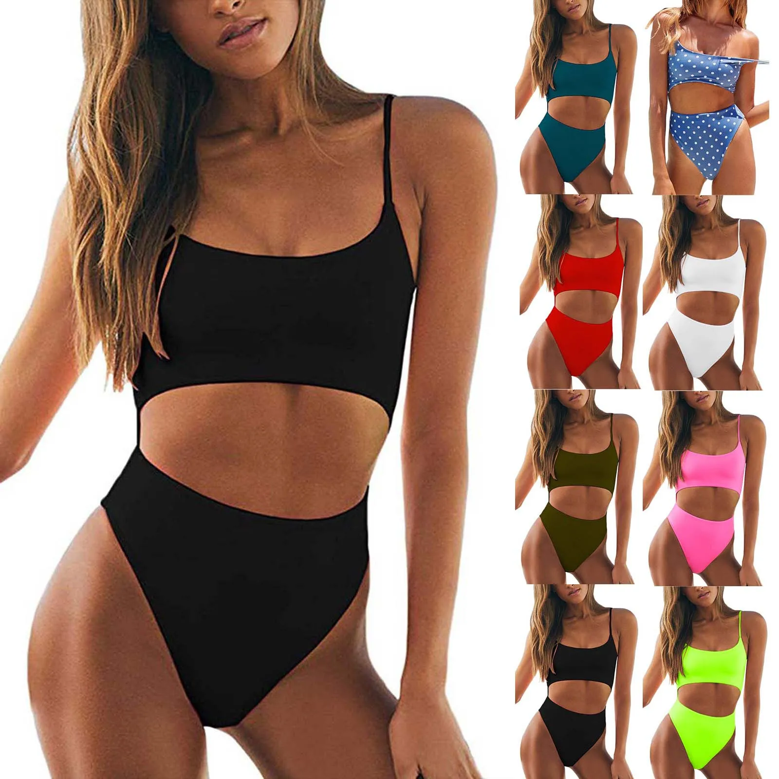 

Womens Scoop Neck Cut Out Front Lace Up Back High Cut Monokini One Piece Swimsuit Hollow out Bathing suit Black Push Up Swimwear