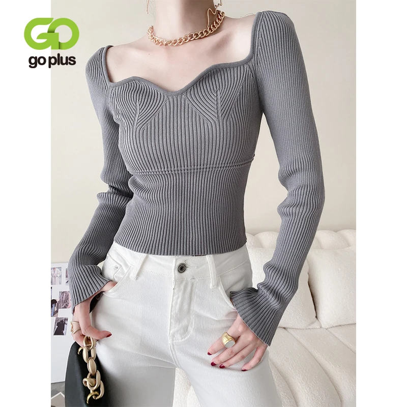 

GOPLUS Sweater Long Sleeve Women Knitted Tops Square Collar Striped Pullover Korean Black White Sweaters Pull Femme Jumper