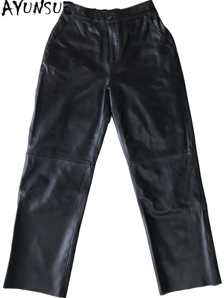

Fashion Real Sheepskin Pants Autumn Winter Trousers Leather Wide Leg Pants Womens Stylish Clothing Mujer Pantalones