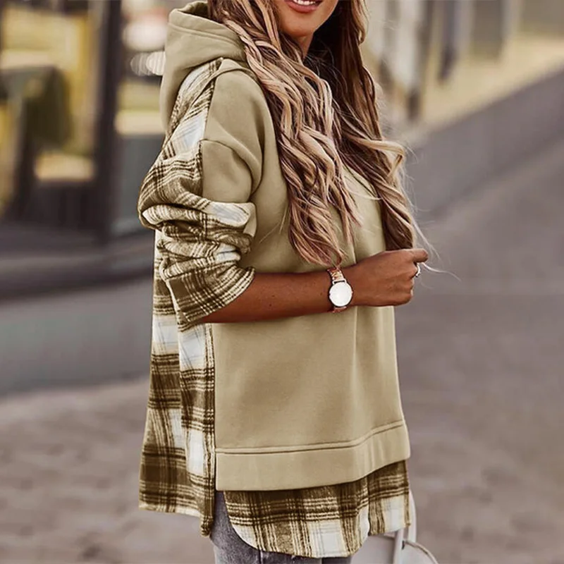 

Plaid patchwork women's pullover hooded sweater casual loose long-sleeved spring sweatshirt new products