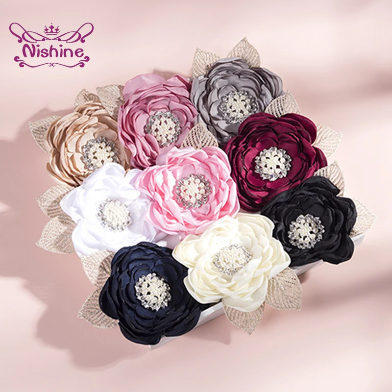 

Nishine Shining Pearls Rhinestone Chiffon Flower Baby Girls Lace Elastic Headband DIY Clothing Decoration Photography Headwear