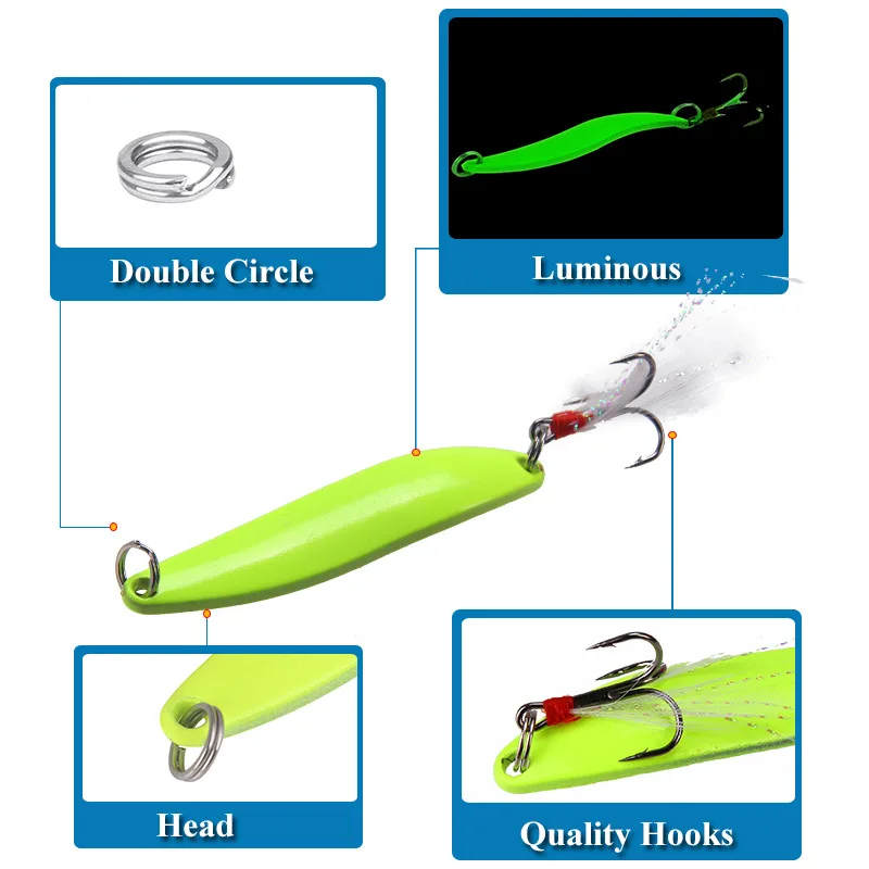 5pcs 5g/7g/10g/13g glow in the dark fishing lure set noctilucent willow leaf Sequin lurid perch bait metal gear | Спорт и