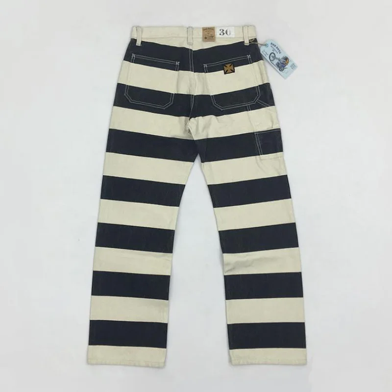 

16oz Prison Pants Multi-Pockets Motorcycle Black White Striped Trousers