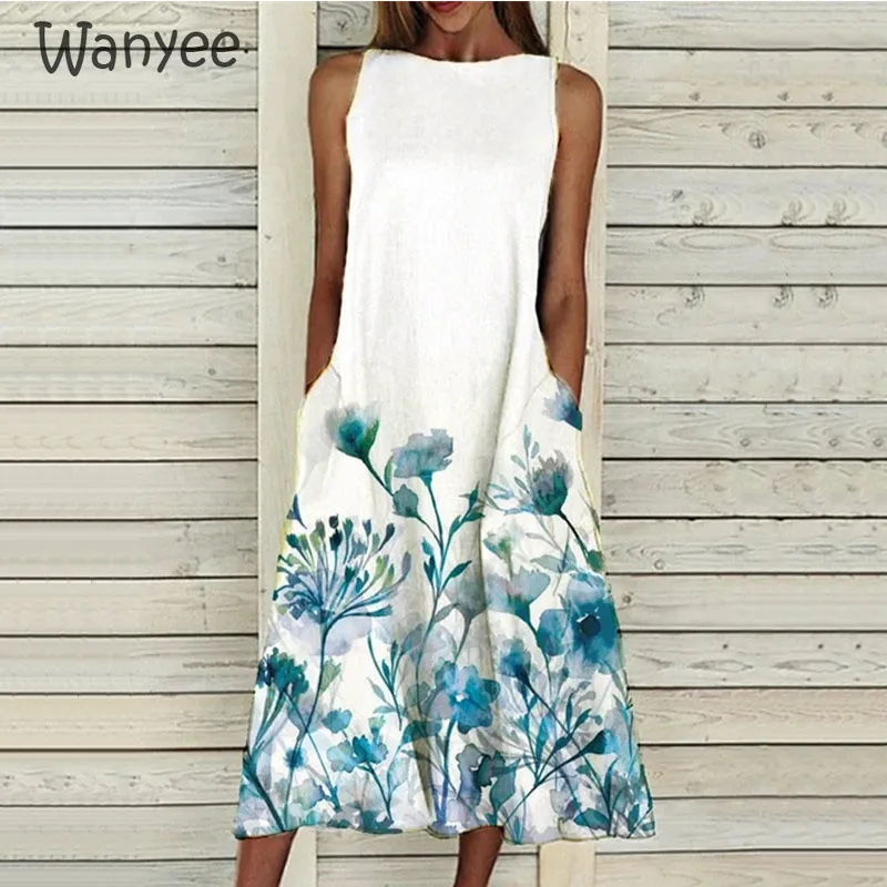 

Women's New 2021 Summer Vest Dress Floral Print Elegant Fashion Loose Pregnant 3XL Sleeveless Casual Pocket O-Neck Female Party