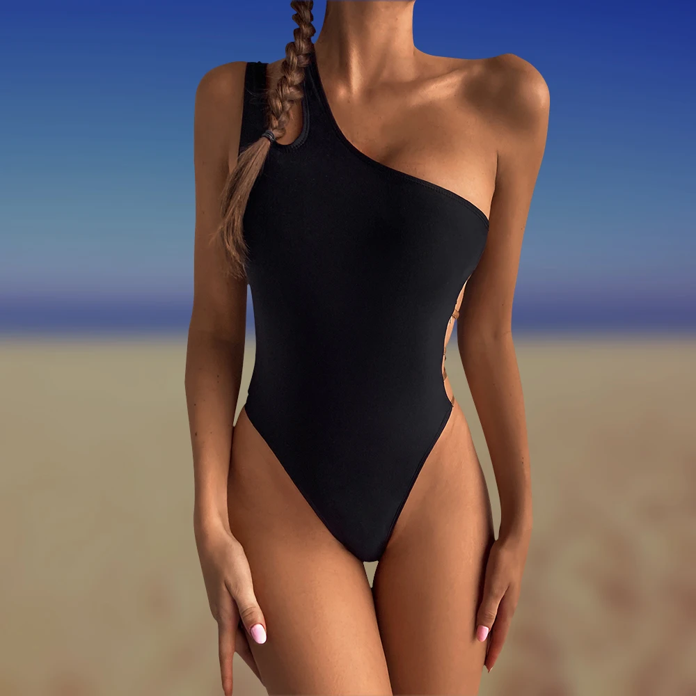 

Купальник женский слитный на одно плечо, пикантный бразильский купальник с чашками пуш-ап, черный монокини, пляжная одежда, 2021