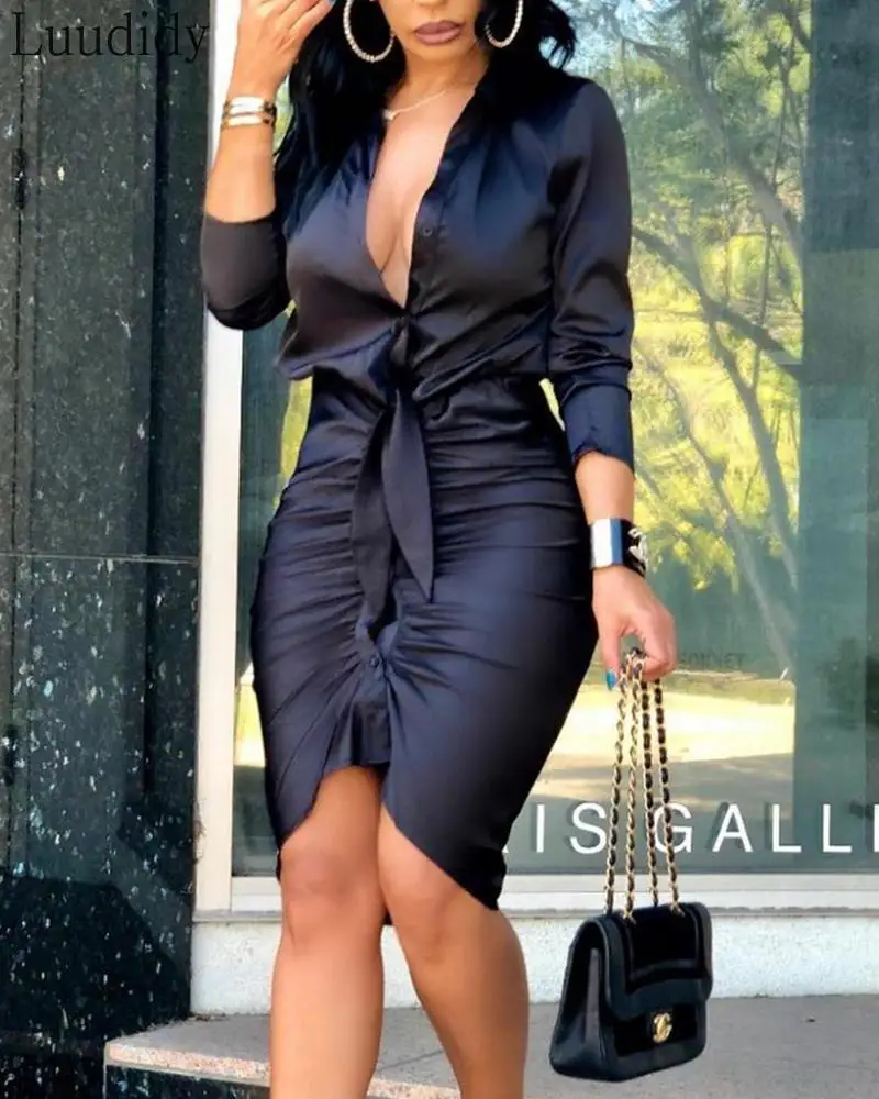 

Women Lace-up Solid Color Long Sleeve Shirt Dress Elegant Fashion Party Dress