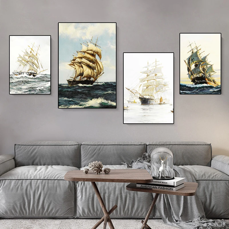 

Nordic Cuadros Retro Seascape Poster Sailing Boat Rides The Wind and Waves Poster Pictures Living Room Simple Home Decoration