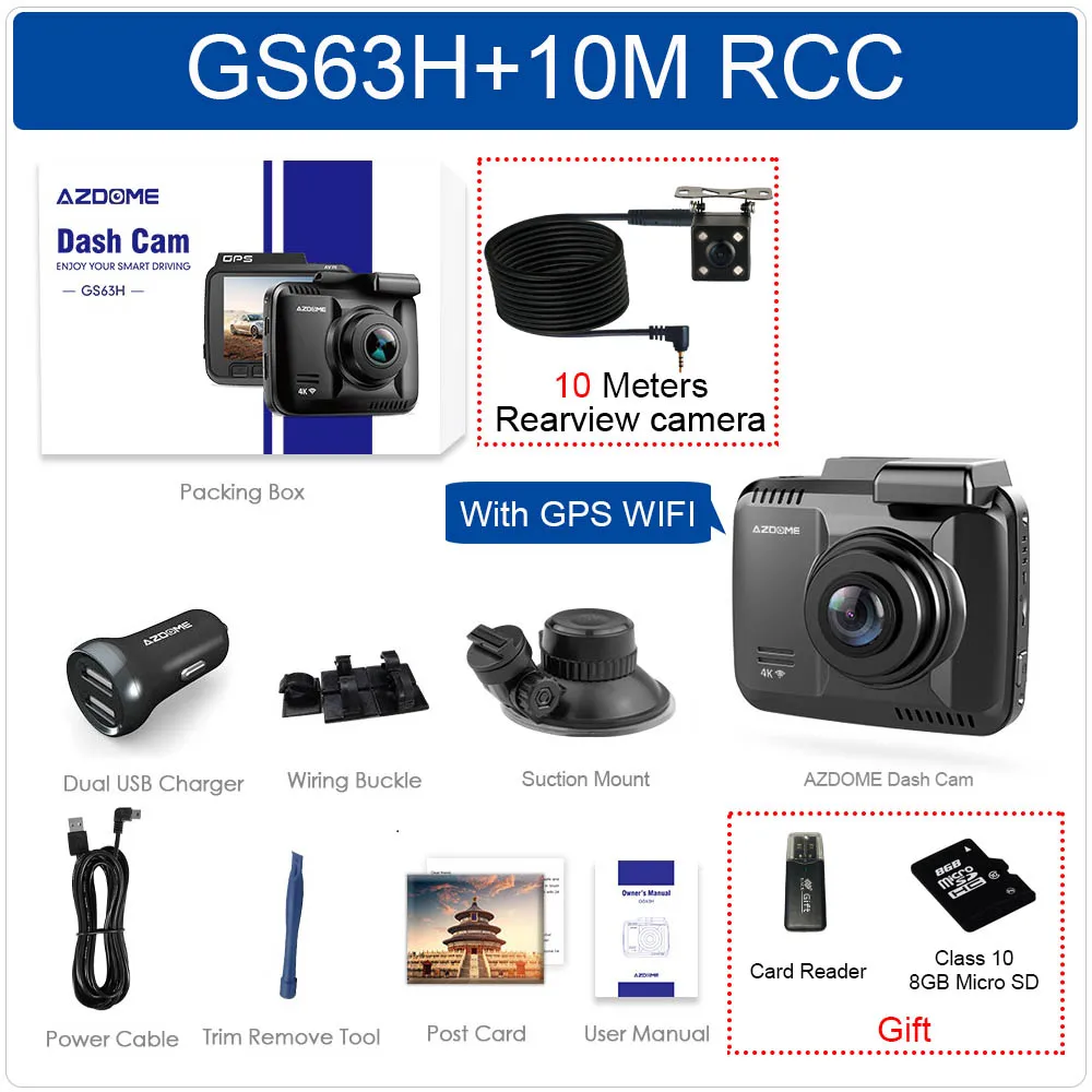 AZDOME GS63H 4K Встроенный gps WiFi Автомобильный видеорегистратор DashCam для транспорта, с двумя объективами 6/10 метров камера заднего вида видеокамера ночного видения - Название цвета: GS63H-10M RCC