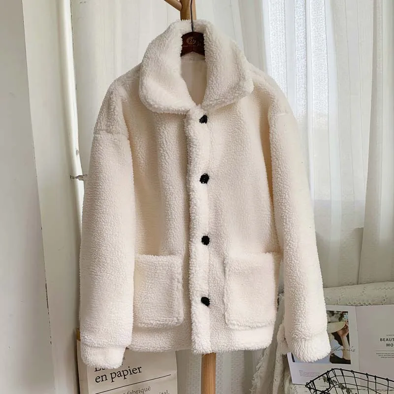 white fur coat Зимняя утолщенная теплая плюшевая Меховая куртка, пальто для женщин, Повседневная мода, пальто из искусственного меха ягненка, пушистая уютная Свободная верхняя одежда для женщин - Цвет: white fur coat